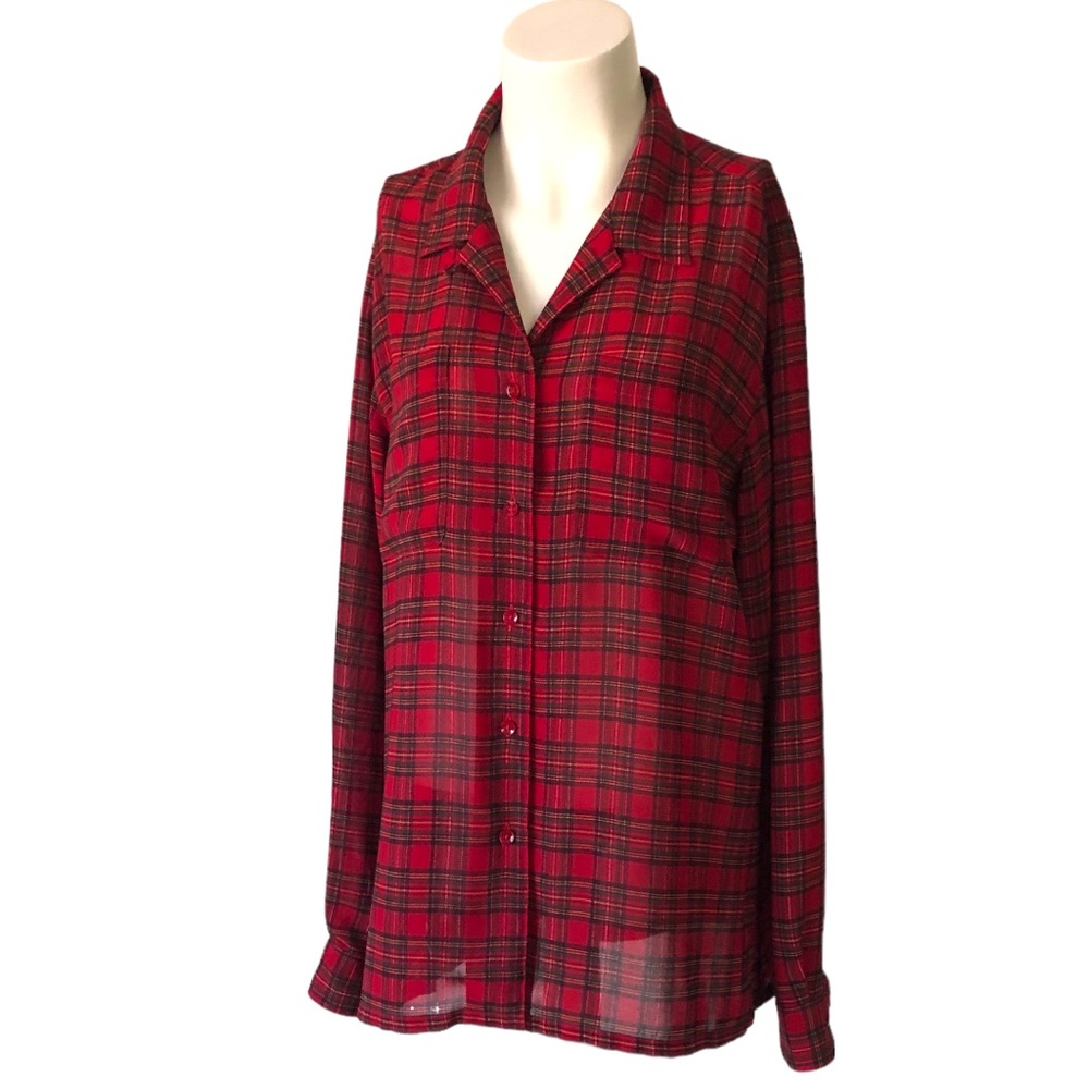 Vintage semi-sheer LizSport plaid button down shirt size large